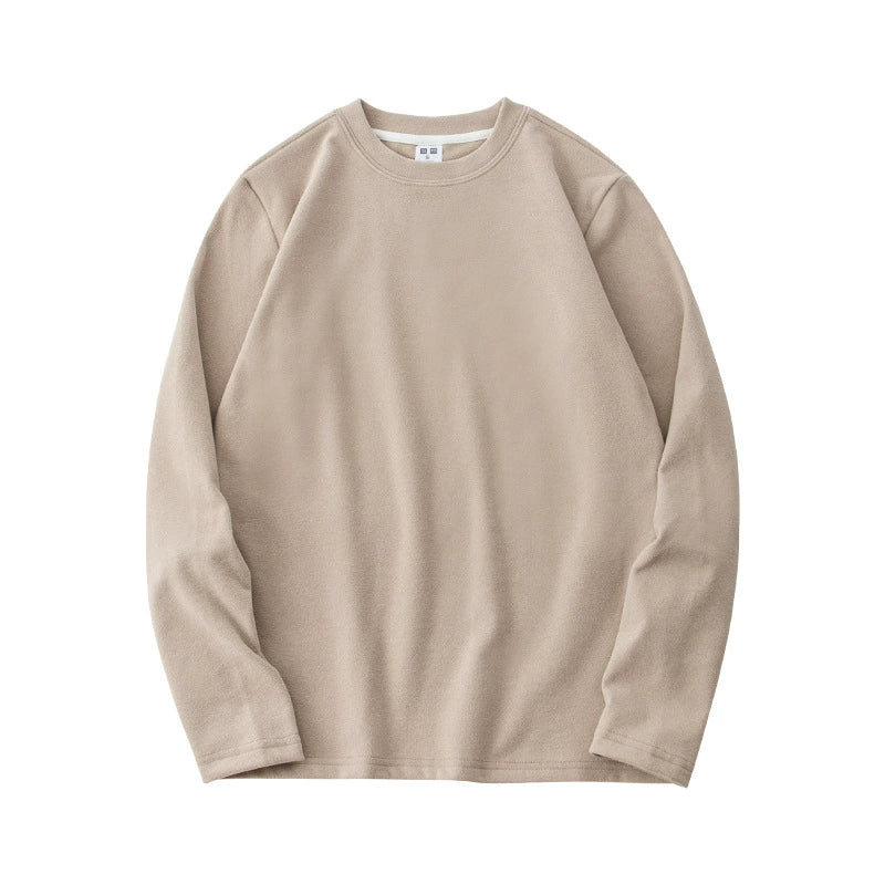 Autumn and winter top with double-sided velvet and brushed fur for warmth, thick round neck base, long sleeves for men and women, and plush comfort