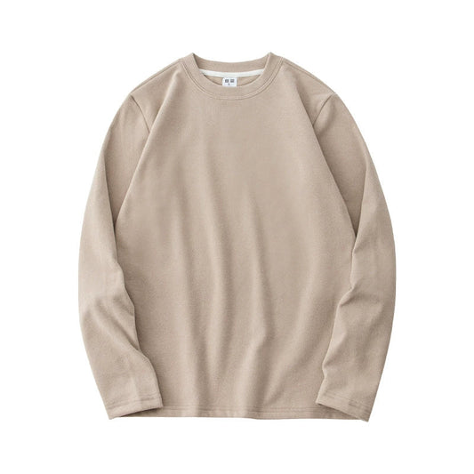 Autumn and winter top with double-sided velvet and brushed fur for warmth, thick round neck base, long sleeves for men and women, and plush comfort